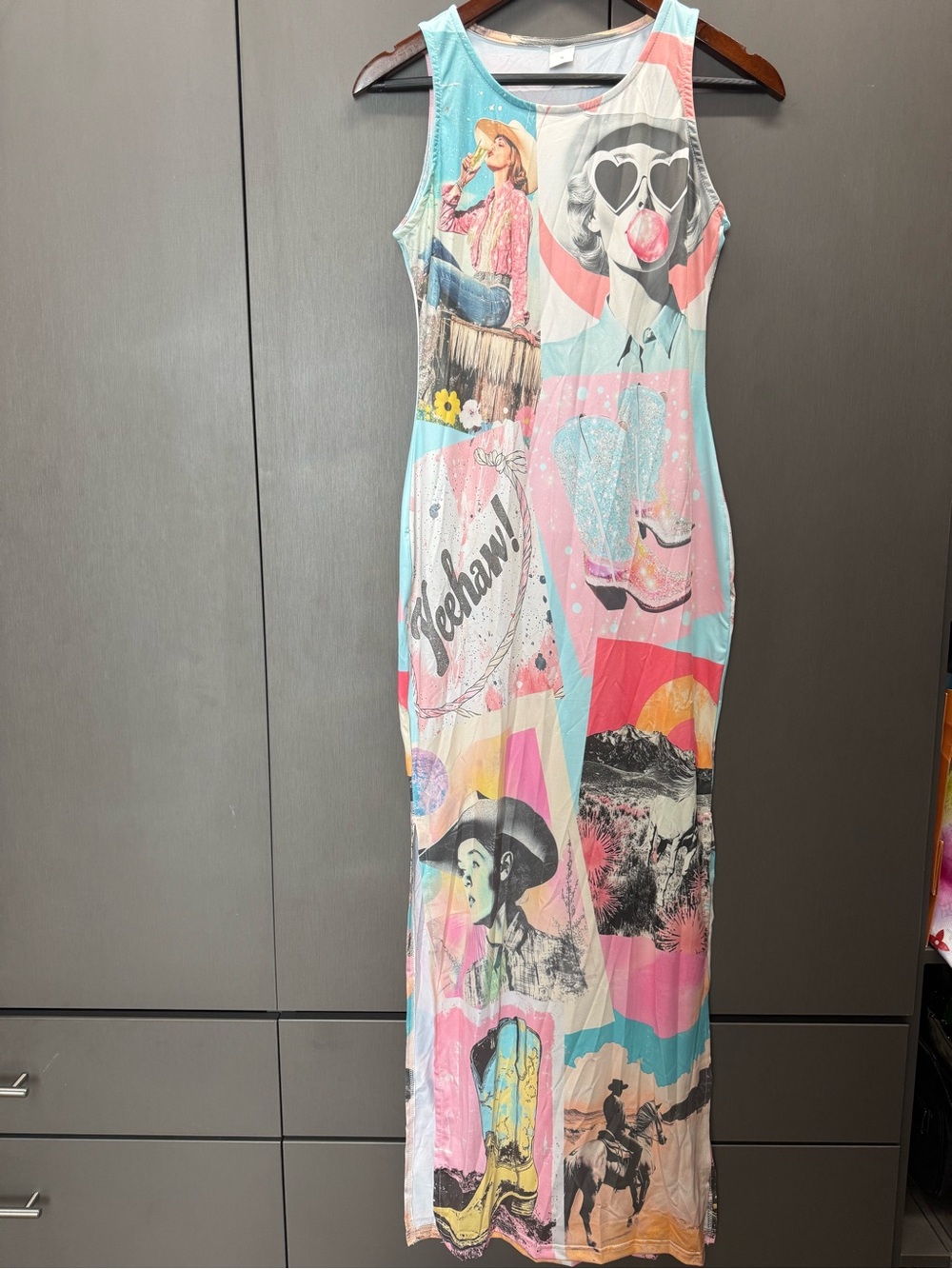 Pop Art Pastel- Western Graphic Maxi Dress in Pink & Aqua